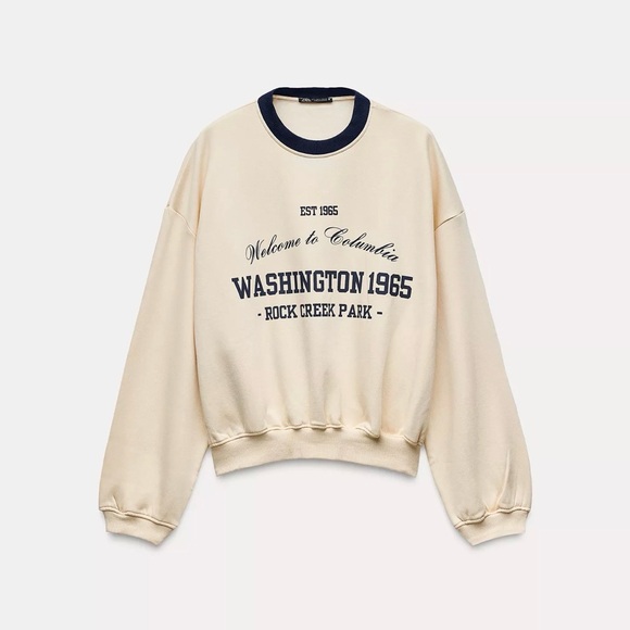 Zara Tops - Zara Cream and Navy Graphic Sweater